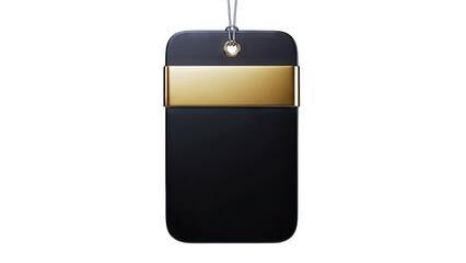 Black Tag with Gold Band Hanging on White Background