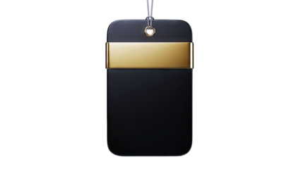 Black Tag with Gold Band Hanging on White Background