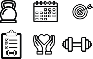 Comprehensive collection of fitness and health related outline icons representing workout planning goals and overall wellbeing for a healthy lifestyle