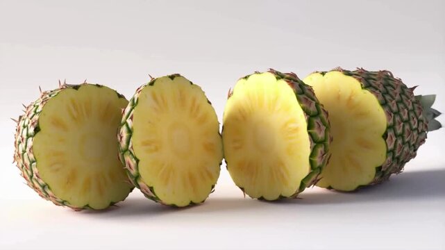 Realistic video of the whole and worst sliced pineapple rotating on a white background