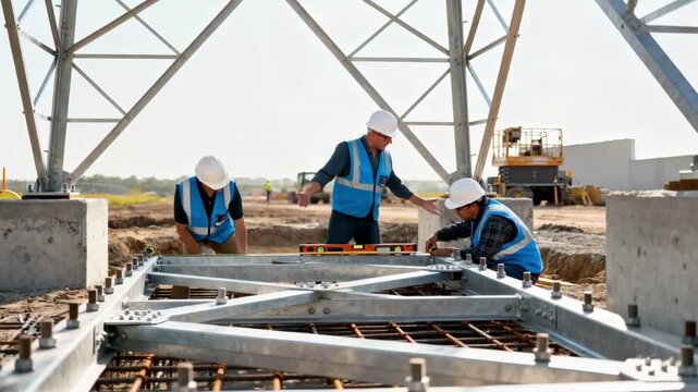Construction crew inspecting the steel framework embedded in a concrete base ensuring stability for a transmission tower installation.
