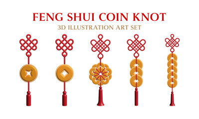 Feng Shui Chinese Fortune Gold Coin Knot in 3D Art