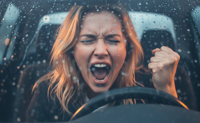 Femme blonde en col&egrave;re et frustr&eacute;e criant et pleurant au volant de sa voiture sous la pluie