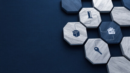 Real estate purchase process concept with metallic hexagon blocks showing key, package, document and house icons representing property investment and home buying journey