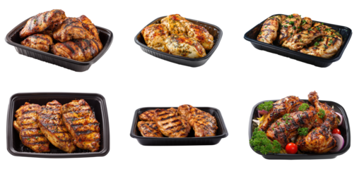 Tray full of grilled chicken fillet isolated.