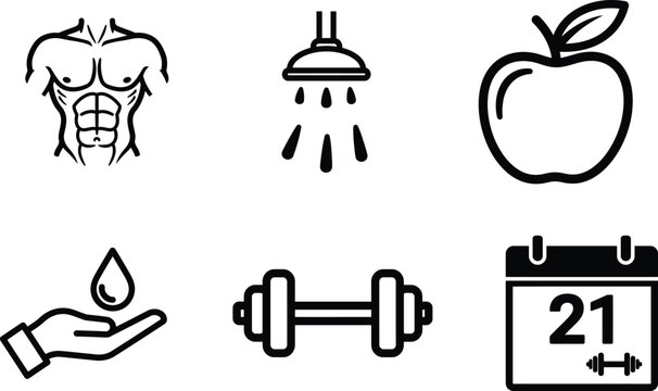 Comprehensive collection of linear vector icons representing essential health fitness hygiene and wellness lifestyle elements