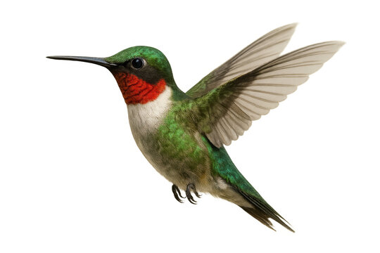 Ruby-throated hummingbird flying with wings spread, a small bird hovering on transparent background, nature, wildlife concept