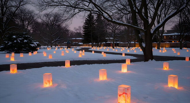 Winter evening scene with glowing luminaries lining a snowy park path and trees in the background creating a magical festive atmosphere