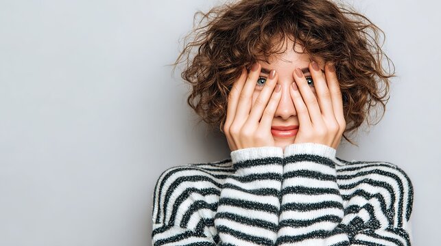 Shy and Bashful: A portrait of a woman concealing her face with her hands, possibly overcome with a feeling of nervousness or timidity. She seems apprehensive about something. 