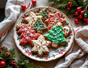 Fototapeta premium Christmas cookies arranged on festive plate, lifestyle photography style, warm cozy Christmas mood, soft natural lighting with copy space for text placement, high resolution detail, no bad hands