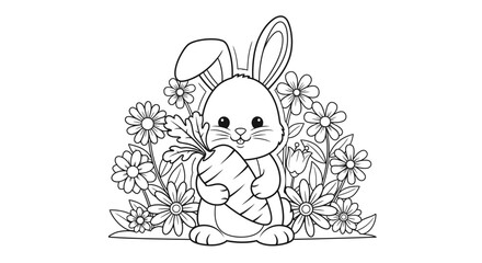 Adorable Bunny Rabbit Holding a Carrot Surrounded by Spring Flowers, isolated white background