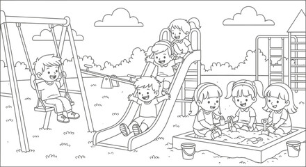 Happy Children Playing on Playground with Swings, Slide, Sandbox, and Seesaw, outline drawing