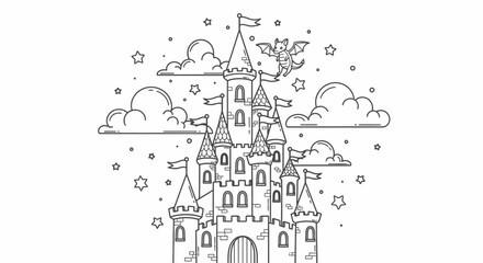 Magical Cartoon Fantasy Castle with Dragon and Clouds, Fairytale Scene, isolated white background © Kebo