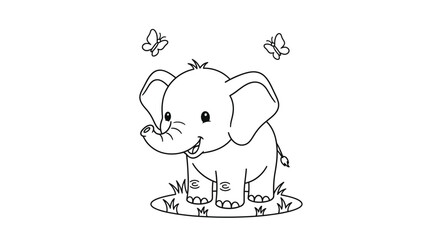 Happy Cartoon Baby Elephant Playing with Butterflies in Grass, isolated white background