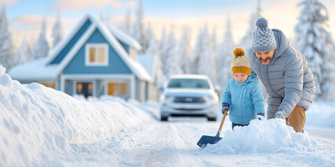 Father and child cleaning snow from car in front of house in the morning, Family relationship concept.