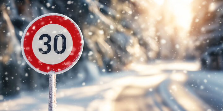 European white circular sign with red border and black number 30 on the snowy road. Winter driving safety concept.