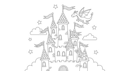 Magical Fairytale Castle with Flying Dragon on a Cloud Background © Kebo