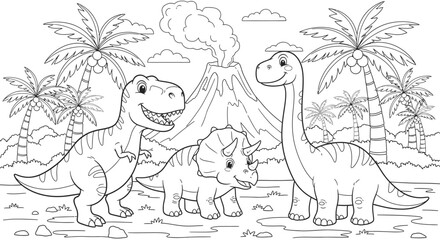 Group of Dinosaurs in a Prehistoric Landscape with Volcano and Palm Trees © Kebo