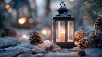 A close-up of a festive lantern glowing with a candle, surrounded by snow and pinecones, 8k, realistic, full ultra HD, high resolution, cinematic photography