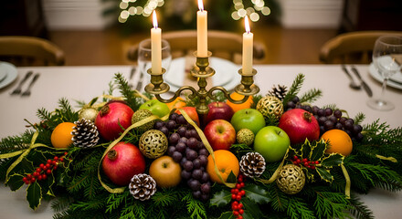Elegant christmas table centerpiece featuring a lush arrangement of fresh fruits pinecones and greenery with lit candles on a festive dining table