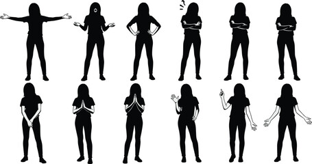 Body language silhouette set, black expressive posture and gesture icons, emotional stance and non-verbal communication concept illustration ©  BAKKOR