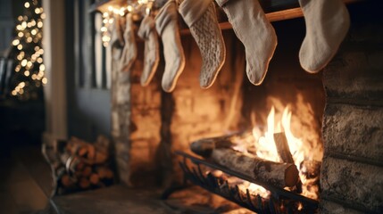 A close-up of a fireplace with logs burning brightly and stockings hanging above