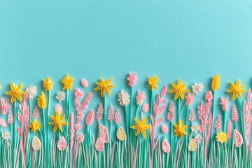 A colorful, artistic spring border of paper flowers & Easter eggs against a turquoise backdrop