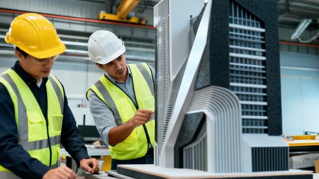 Medium shot of engineers inspecting a 3D printed prototype blending advanced manufacturing with cuttingedge building design concepts.