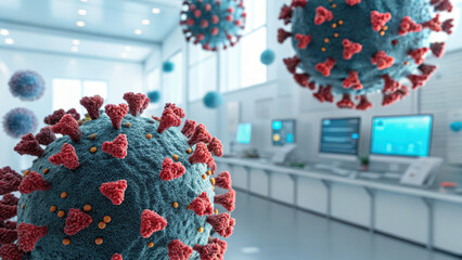 Immunology Research Visual Concept. 3D representation of virus particles in laboratory setting, showcasing intricate details and vibrant colors