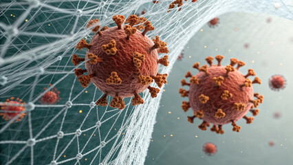 Immunology Research Visual Concept. Virus particles interacting with antibodies in network, showcasing scientific representation of neutralization