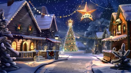 Snowy Christmas Village Scene with Decorated Tree and Festive Lights at Night