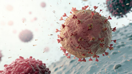 Immunology Research Visual Concept. Microscopic view of virus particles, showcasing intricate details and textures, illustrating their complex