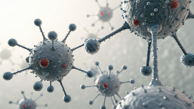 Immunology Research Visual Concept. Radiant interleukin molecules depicted as spheres with intricate details, showcasing their biological