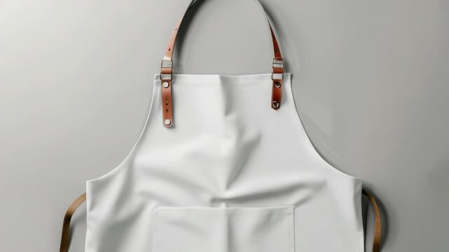 Video Apron hanging on the wall with leather straps, perfect for kitchen or cooking themed