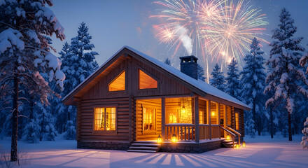 Cozy wooden cabin nestled in a snowy forest at night with warm lights glowing and colorful fireworks illuminating the winter sky above