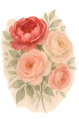 Naklejka premium Watercolor Roses Floral Illustration in Soft Pastel Tones 