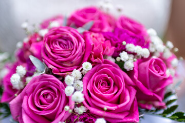 Pink Rose Bouquet With Baby Breath, Romantic Wedding Flowers For Bridal Decoration