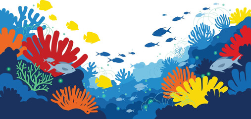 Fototapeta premium Vibrant underwater coral reef scene with colorful fish and aquatic plants teeming with life and dynamic movement isolated on white background