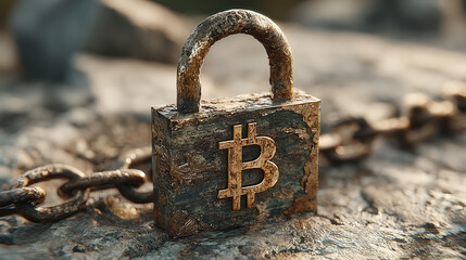 A close-up of a rusty padlock featuring the Bitcoin symbol, illustrating security in cryptocurrency.