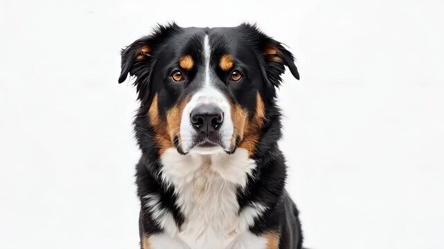 Close-up portrait of a Bernese Mountain Dog with a white background.