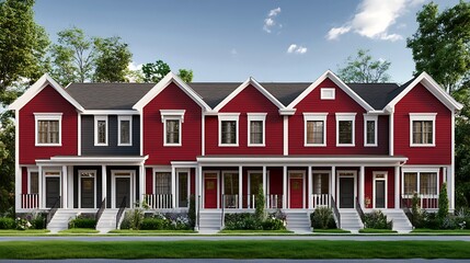 Red colonial townhouse with symmetrical door placement and white framing