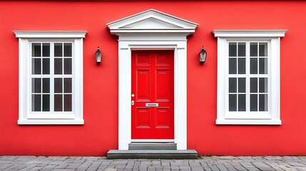 Red colonial townhouse with symmetrical door placement and white framing