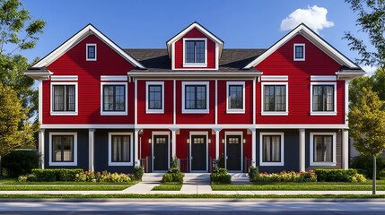 Red colonial townhouse with symmetrical door placement and white framing