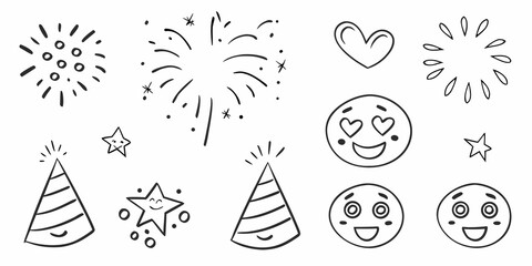 A collection of hand drawn party elements fireworks hats and happy faces