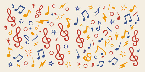 Colorful musical notes and symbols scattered across a light beige background
