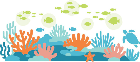 Vibrant underwater coral reef ecosystem with diverse marine life and lush seaweed isolated on white background