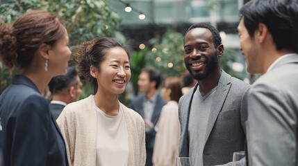 Obraz premium Friendly Network: A group of individuals engages in conversation, fostering connections and building relationships in a modern setting.