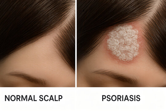 Photorealistic 3D depiction of psoriasis plaque on the elbow area, close-up of thickened red patches with dry silver-white scaling on intact skin, non-graphic and medically accurate