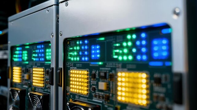 Medium shot of a gridconnected energy storage system with LED indicators emphasizing dynamic load balancing and smart electricity management.