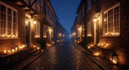 Magical twilight alleyway illuminated by hundreds of flickering candles creating a warm inviting glow on historic cobblestone street